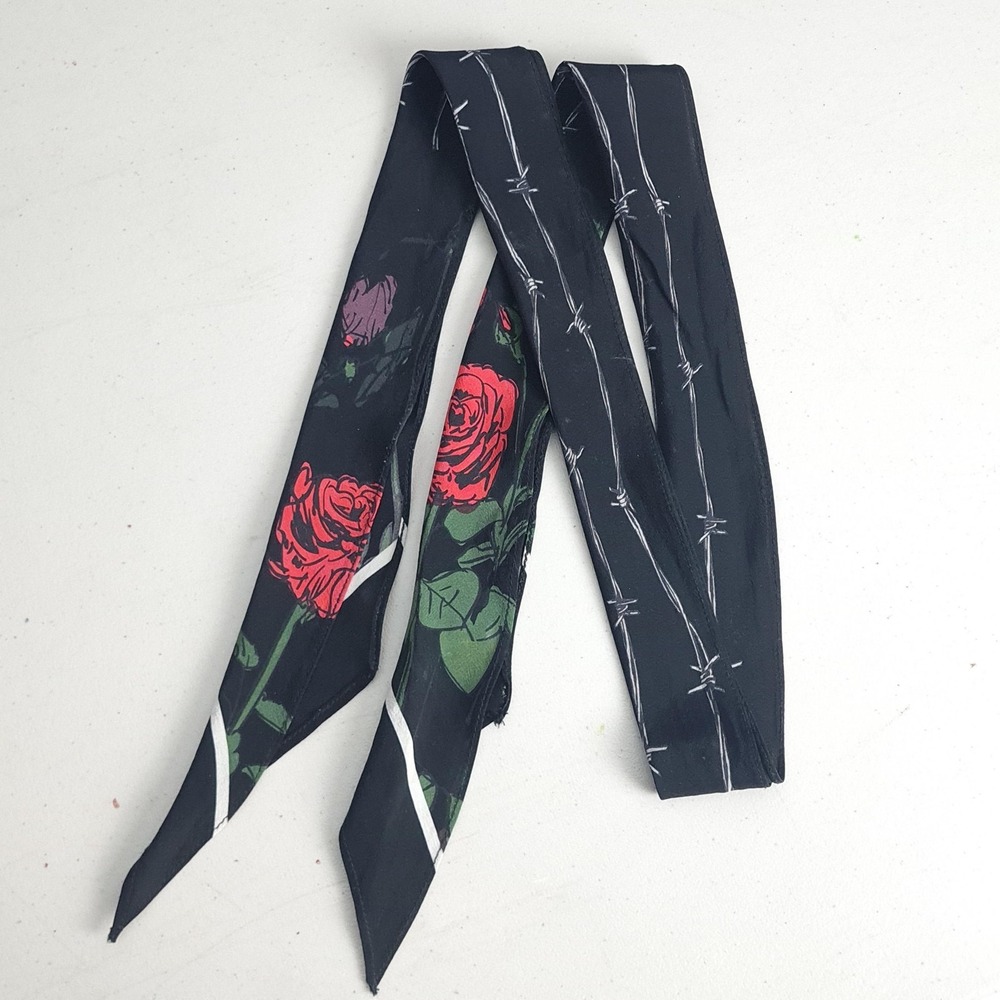 Rockins Scarf Womens One Size Black Silk Roses Barbed Wire Skinny Made UK - Picture 15 of 16